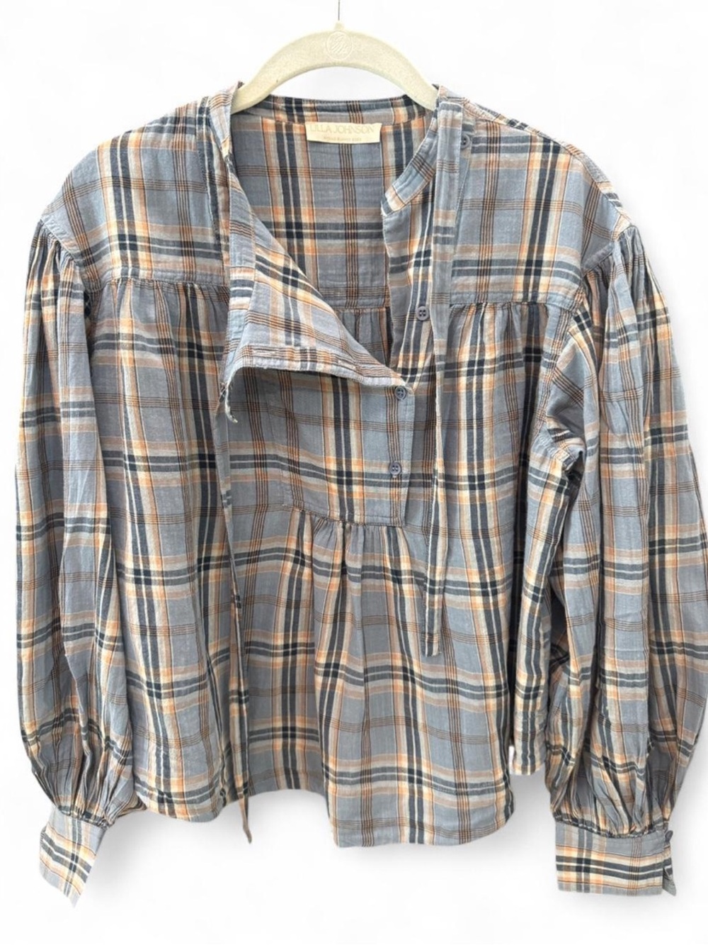 Ulla Johnson Plaid Cotton Peasant Blouse Size 8 Blue Puff Sleeve Tie Neck